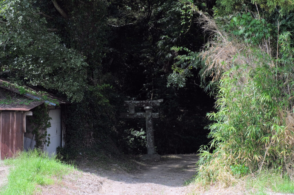 のどかな細い道を歩いていると-左側に小屋-右側に鳥居が見えてくる