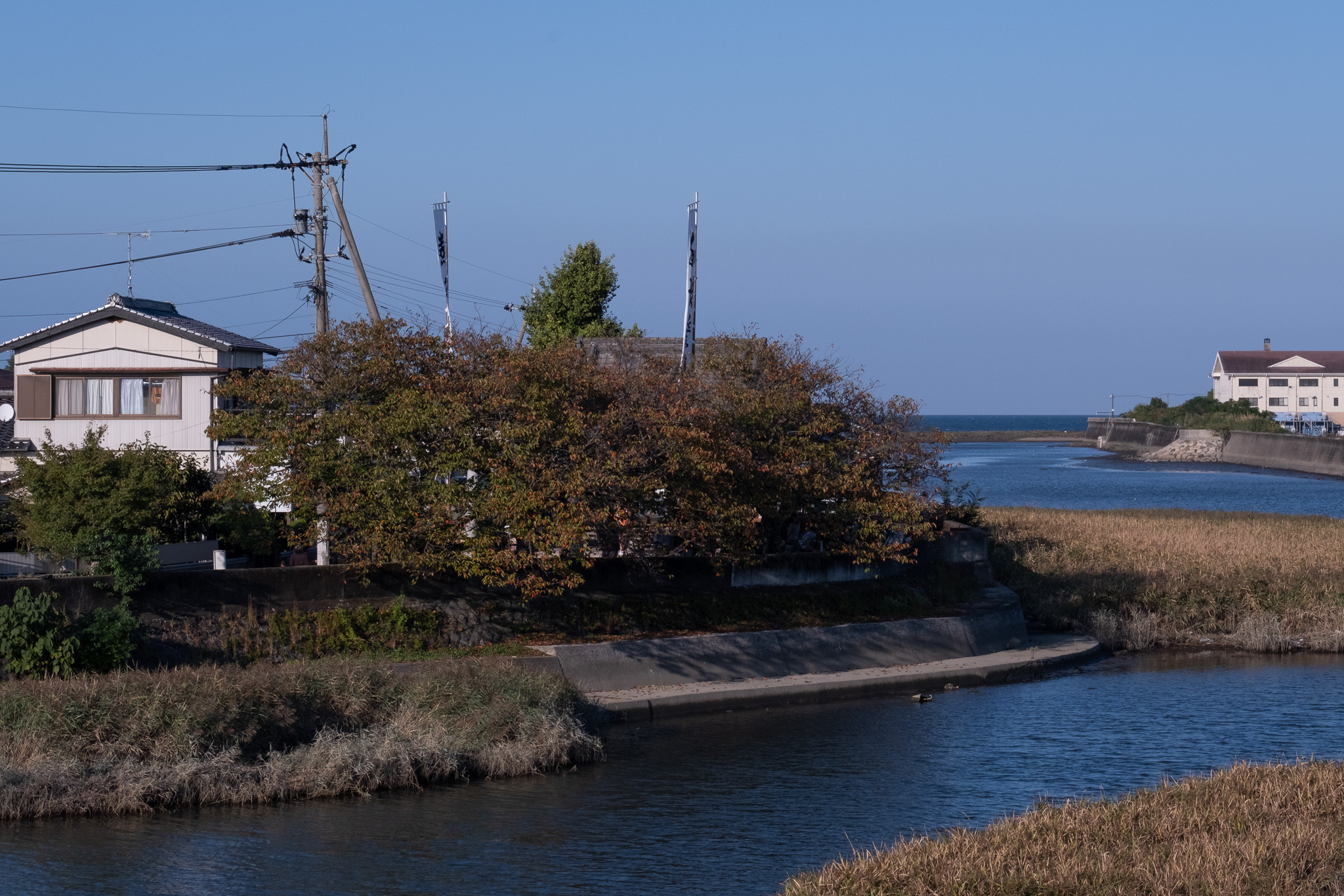 海と河口のそばにある、新大塚八社神社へ